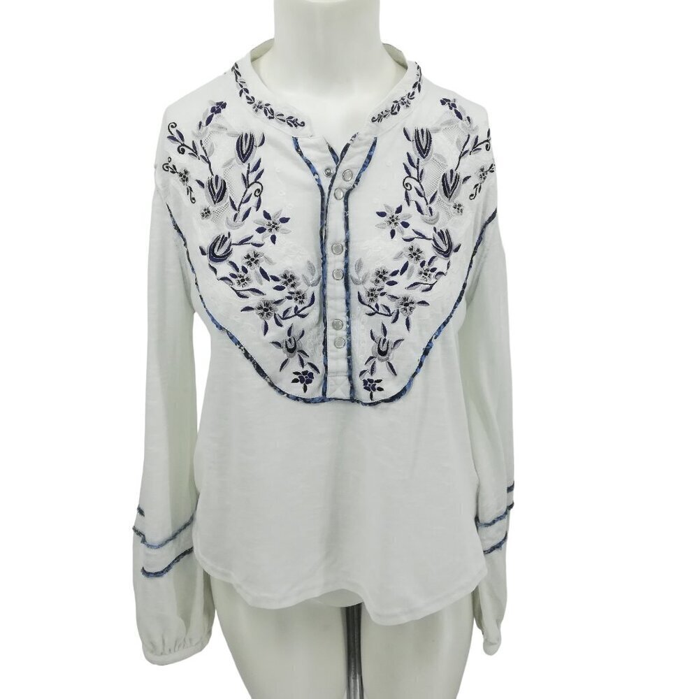 Free People Embroidered Floral Lace Henley Pearl Snap Shirt Size S Puff Sleeve